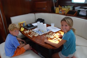 After a busy couple of days, Reese and Porter unwind playing bananagrams