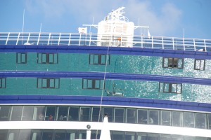 We are mesmerized by the reflection of Patronus in the windows of this cruiseship.  Can you see us?