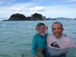 Reese and Daddy snorkeling together.