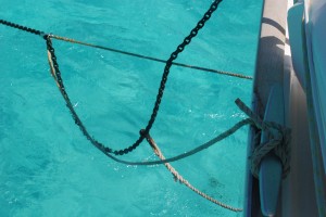 The snubber and the backup snubber attached to our anchor chain and run up to the bow cleat.