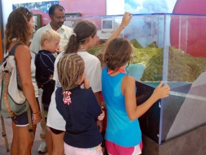 The kids check out the beautifully made model of the area.