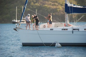 everyone helps out as we moor for the night at Norman Island.