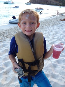 Porter sidles up to the bar to buy a drink with his "soggy" dollar.  He is so cute with his forehead injury that he gets a sympathy drink on the house.